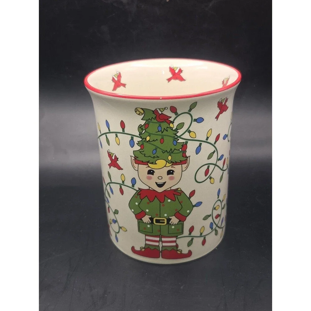 Temptations By Tara Ceramic Utensil Jar Crock Holder Elf Theme Holiday Christmas